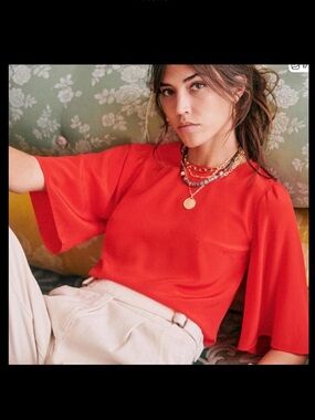 Sezane Gaby Blouse Red Silk Flutter Sleeves Crew top Size US 4 FR 36